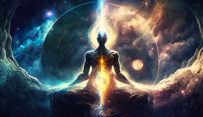 Generative AI
Spirituality, esoteric, meditation, universe meta human god spirit, 
galaxy space background, spiritual image, design, illustration wallpaper, 
yoga, brain waves, brain, chakra, planet, 