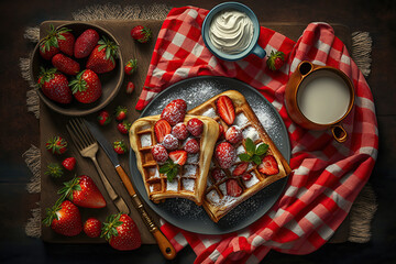Freshly made french toast with fruits, lying on a plate with a checkered kitchen towel, lots of fruit, a great idea for breakfast, created with Generative AI