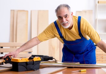 Old male carpenter working in workshop