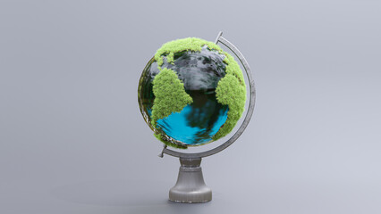 Globe full of grass on rotating platform. on gray background. Global warming and minimal idea concept. 3d Render.