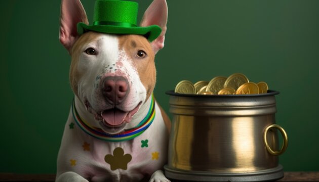 st. Patrick's day bull terrier dog coins in the background, rainbow colorful, green cauldron gold coins, leprechaun clover luck, generative ai