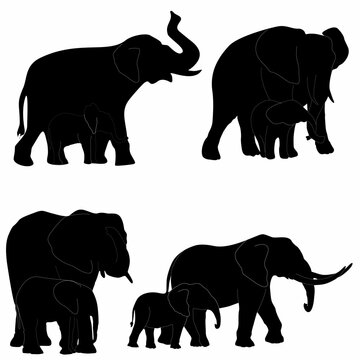 elephant silhouette set with baby elephant