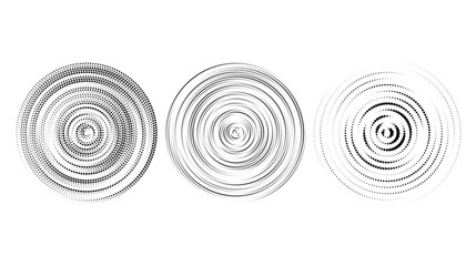 Halftone concentric circles set. Dotted rings collection. Epicentre, target, radar icon concept. Sound wave, radial signal, vibration or water elements. Vector 