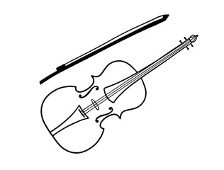 Hand drawn doodle of classical violin and bow. Musical instrument. Vector illustration isolated on white