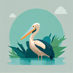 A pelican in a lagoon, minimalistic flat design illustration, Generative AI