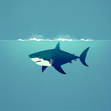 A shark in an ocean, minimalistic flat design illustration, Generative AI