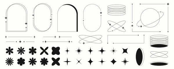 Modern minimalist line frames and elements in trendy retro style. Y2k aesthetic design.	