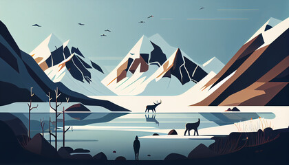Arctic, flat design, minimalistic landscape illustration, Generative AI