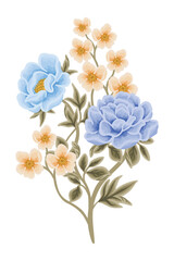 Beautiful romantic flower bouquet arrangement with roses, tulips, lilac floral, peony, poppy, floral bud, and leaf branch illustration elements for wedding card, invitation, decoration