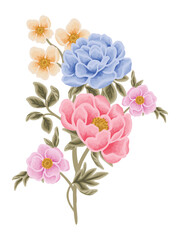 Beautiful romantic flower bouquet arrangement with roses, tulips, lilac floral, peony, poppy, floral bud, and leaf branch illustration elements for wedding card, invitation, decoration