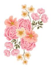 Beautiful romantic flower bouquet arrangement with roses, tulips, lilac floral, peony, poppy, floral bud, and leaf branch illustration elements for wedding card, invitation, decoration