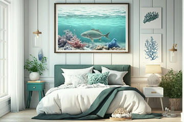 Mock up frame in bedroom interior, marine room with sea decor and furniture, Coastal style, generative AI