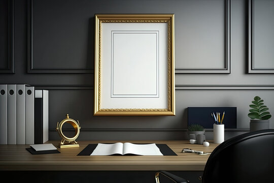 Empty frame on office wall diploma degree certificate credentials image photo poster business chief executive officer ceo cfo cxo promotion portrait work 3d fill in blank, generative AI