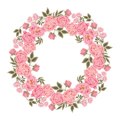 Beautiful romantic pink flower frame wreath with roses, lilac floral, peony, poppy and leaf branch illustration elements for wedding card, invitation, decoration
