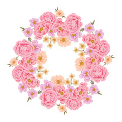 Beautiful romantic pink flower frame wreath with roses, lilac floral, peony, poppy and leaf branch illustration elements for wedding card, invitation, decoration