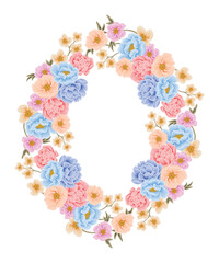 Beautiful romantic flower frame wreath with roses, lilac floral, peony, poppy and leaf branch illustration elements for wedding card, invitation, decoration