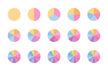 Pie diagram. Round scheme with sectors. Circle chart divided into pieces. Circular section graph. Set of segments and slices. Colorful structure with 3, 6, 9, 12 elements. Vector illustration