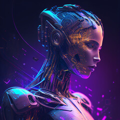 robot AI woman with coding colorful background