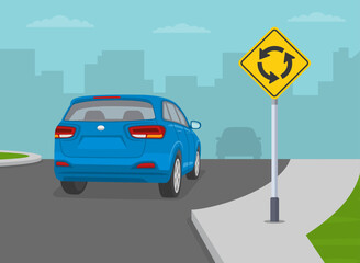 Priority inside the roundabout. Blue suv entering the roundabout. Back view. Flat vector illustration template.