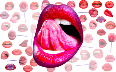 Lips and mouth. Sexy tongue licking sensual lips. Red lip background. Female lips. Open sexy mouth. - obrazy, fototapety, plakaty