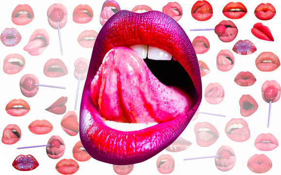 Lips and mouth. Sexy tongue licking sensual lips. Red lip background. Female lips. Open sexy mouth.
