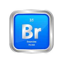 Icon structure Bromine (Br) number 35 chemical element square blue line silver. Periodic table. Sign with atomic number. Study in science for education. 3D vector illustration.