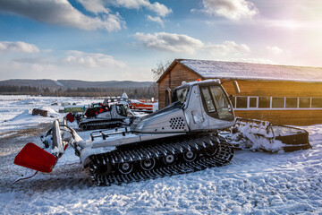 Several snowcats at ski resort in winter