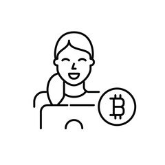 Woman at laptop. Virtual currency user. Pixel perfect, editable stroke line icon