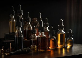 Bottle glass of various oils. Concept of aromatherapy. Generative AI.
