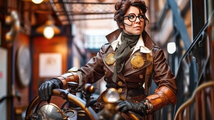 Fototapeta na wymiar Steampunk-Themed Futuristic Woman Wearing Goggles: Industrial Aesthetics Meets Sci-Fi | High-Quality Stock Photo