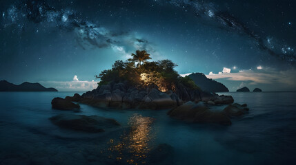 A breathtaking view of a deserted island under a starry sky. The scene captures the essence of tranquility and isolation in the midst of a vast ocean. AI Generated