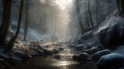 A breathtaking winter forest scene, with snow-covered trees and icy streams. AI Generated