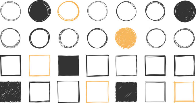 Set of handdrawn doodle circles and squares