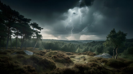 A dramatic and moody forest landscape, captured during a stormy summer evening. AI Generated