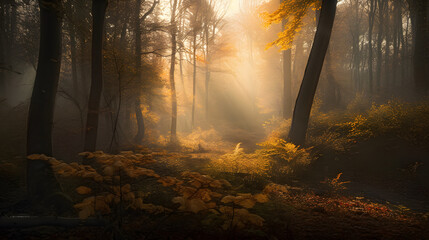 A dreamy autumn forest scene, with golden foliage and a gentle mist floating through the air. AI Generated