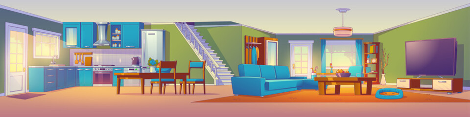 House interior with kitchen, living room, hall and stairs. Modern apartment with kitchen appliances, dining table, sofa, tv on stand, chair and coffee table, vector illustration in contemporary style © klyaksun