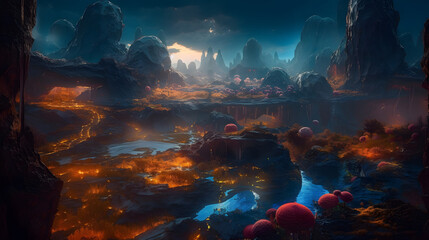 A mesmerizing alien landscape of floating islands, shimmering waterfalls, and glowing flora that pulse with an otherworldly energy. AI Generated