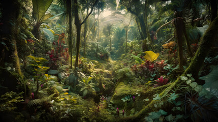 Fototapeta na wymiar A spectacular landscape featuring a dense, alien jungle filled with strange and exotic plants that twist and curl towards the sky. AI Generated