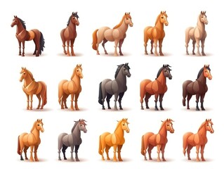 Set horse Cartoon cute character. Collection isolated on white background. generative ai