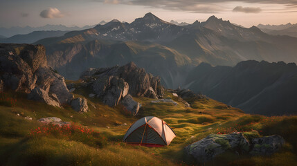 A stunning landscape photo featuring a colorful tent pitched on a mountain peak overlooking a beautiful valley below. AI Generated