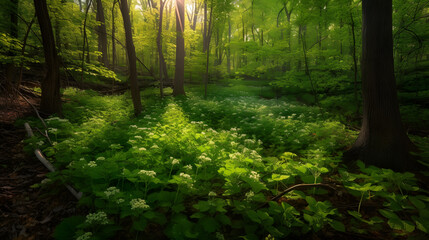 A stunning, high-resolution photograph of a vibrant, sun-dappled forest during the peak of springtime. AI Generated