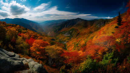 A stunning panoramic photograph of a sprawling mountain range, captured at the peak of autumn foliage season. AI Generated
