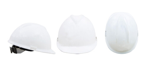 Plastic helmet safety. Side and top, Front photo of plastic helmet safety white for engineer used industry and construction building. Concept safety. Isolated on cutout PNG.