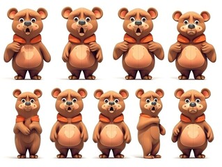 Set Brown bear Cartoon cute character. Collection isolated on white background. generative ai