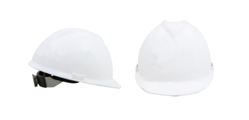 Front and side photo of plastic helmet safety white for engineer used industry and construction building. Concept safety. Isolated on cutout PNG.