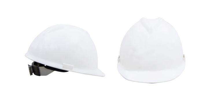 Front and side photo of plastic helmet safety white for engineer used industry and construction building. Concept safety. Isolated on cutout PNG.