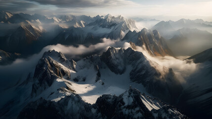 A stunning panorama of a snow-capped mountain range, shot from a bird's-eye view, with clouds and mist swirling around the peaks. AI Generated