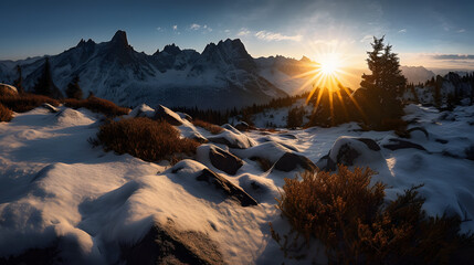 A stunning panorama of a snow-covered mountain range bathed in the golden light of a sunset. AI Generated