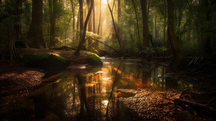 A tranquil forest scene where sunlight filters through the trees, casting a warm glow on the forest floor. A gentle stream meanders through the trees, and birdsong fills the air. AI Generated