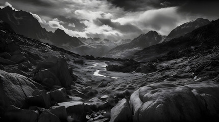 A stunning, ultra-realistic photograph of a rugged, rocky mountain landscape captured in black and white. AI Generated